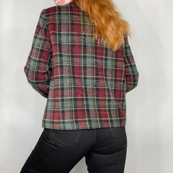 Vintage 90s Sag Harbor Olive & Burgundy Plaid Shacket Shirt Jacket Blazer Coat - Picture 8 of 11
